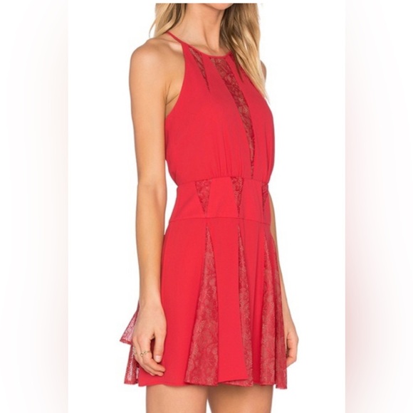 BCBG halter lace short dress. Red with a tint of coral. Size 0. - Picture 2 of 6